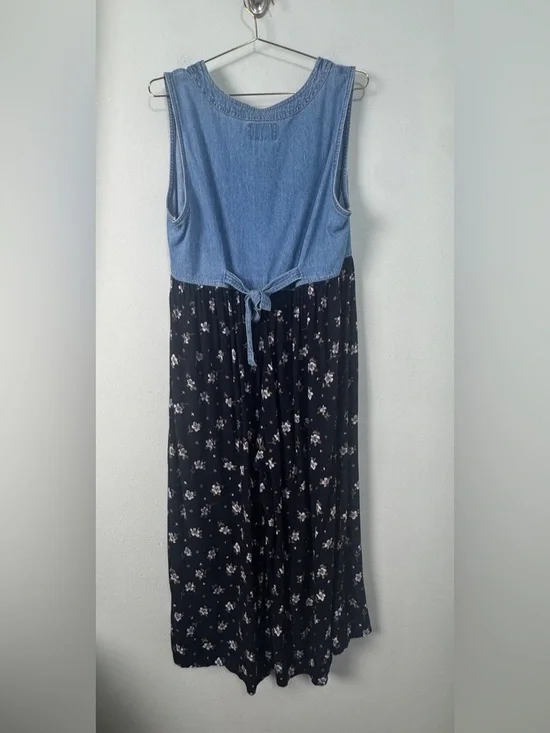 True Blue Vintage Denim Floral Wide Leg Jumpsuit Size L 90s Y2K Boho Cottagecore - Picture 5 of 11
